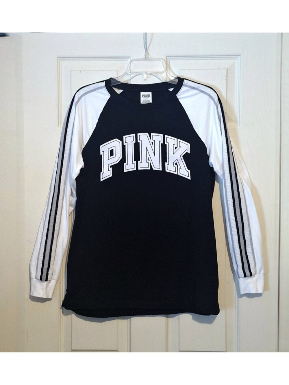 Victoria's Secret PINK black & white long sleeve baseball t-shirt mesh inserts M